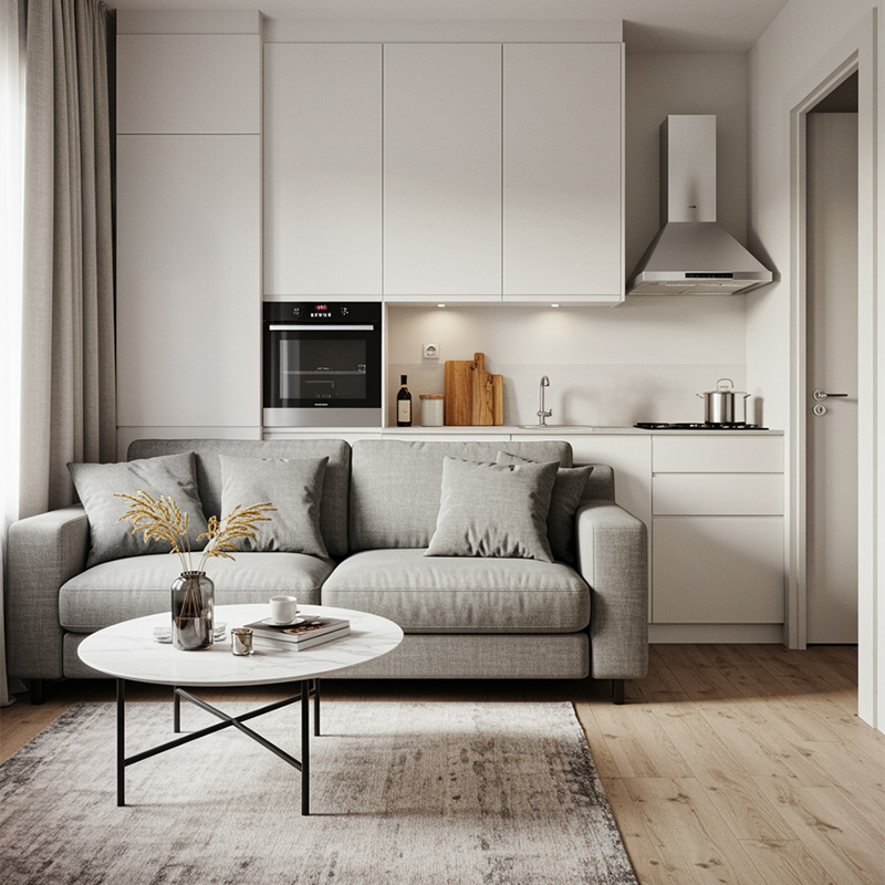 Symbolbild: Ein Microapartment - im Hintergrund eine kleine Küchenzeile, davor ein Sofa mit einem Beistelltisch